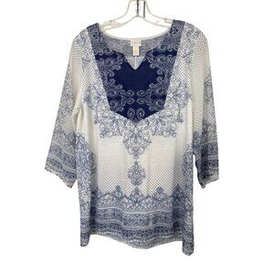Chico’s 1 Ivory Navy Blue Print Tunic Top V Neck Women’s M Resort Boho Vacation